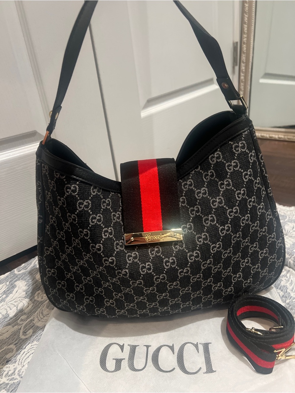 Inspired  Black Canvas Shoulder Bag with Red-Black Web